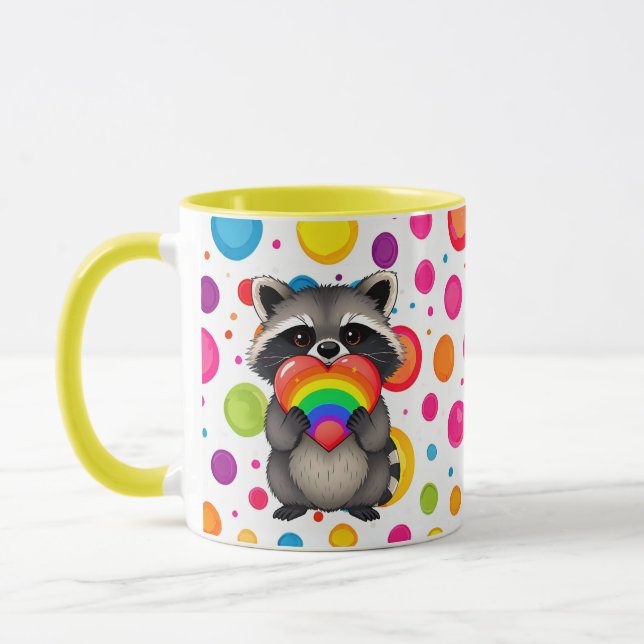 Mug Raccoon personnalisé doux avec Rainbow Heart (Gauche)
