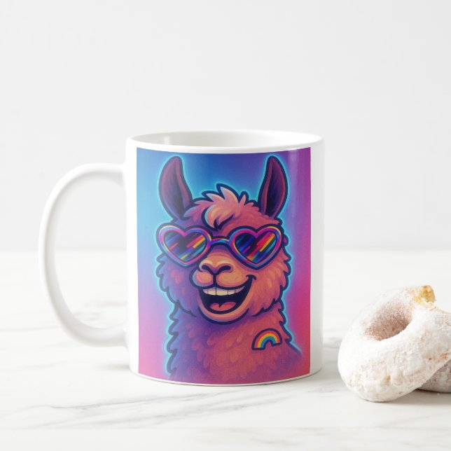 Mug Rainbow Llama with Heart Pride Shades (Avec donut)