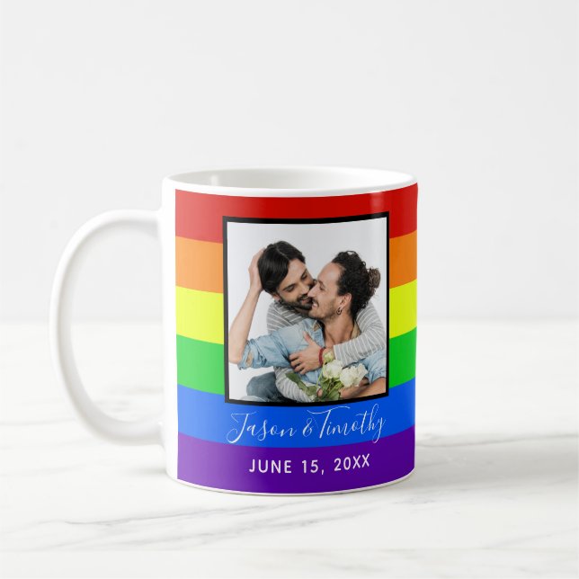 Mug Rainbow Striped Photo Anniversaire Mariage LGBTQ (Gauche)