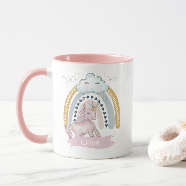Mug 🦄 Rainbow Unicorn Girl Nom personnalisé (Avec donut)