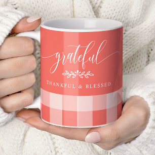 Mug Reconnaissant Merci Bénie Corail et Plaid Blanc