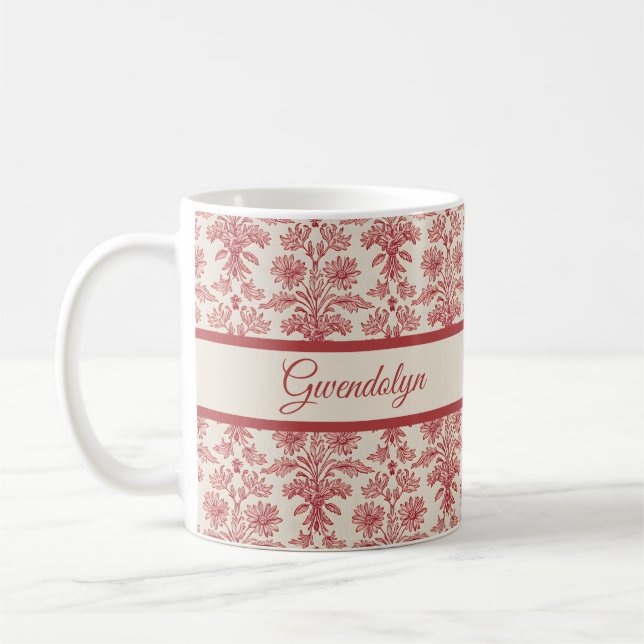 Mug Red and Ivory Floral Toille Pattern with Name (Gauche)