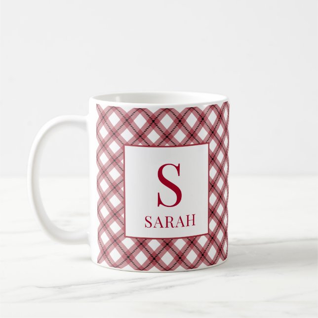 Mug Red Argyle Plaid Monogram Name (Gauche)