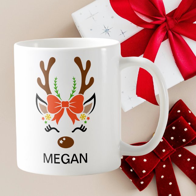 Mug Red Bow Holiday Antlers Reindeer Face (Red Bow Holiday Antlers Reindeer Face Coffee Mug
)