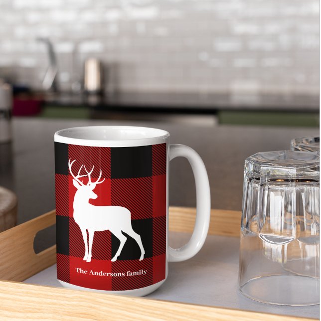Mug Red Buffalo Plaid & Deer | Nom personnel Cadeau (Créateur téléchargé)