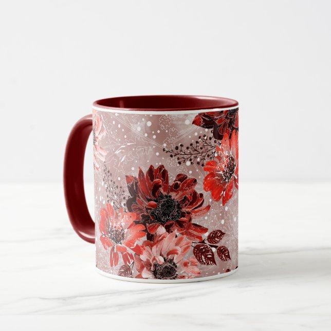 Mug Red, burgundy flowers. (Devant gauche)