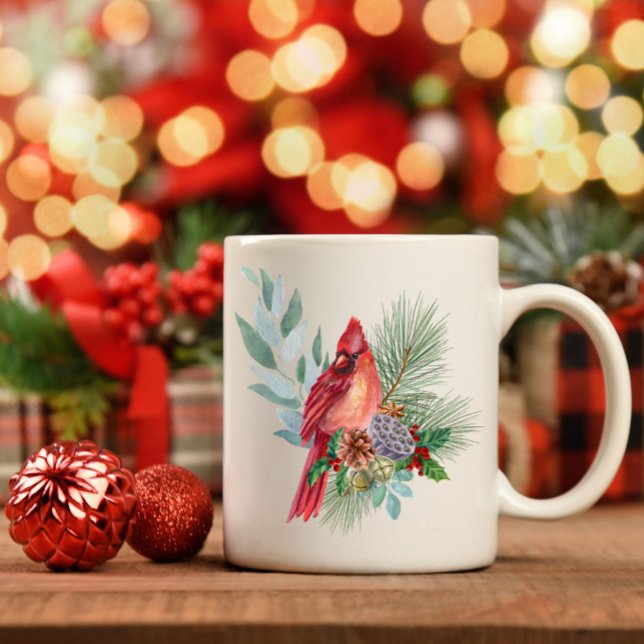 Mug Red Cardinal and Christmas Greenery and Pine Cones (Créateur téléchargé)
