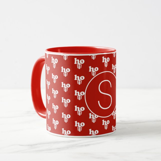 Mug Red Christmas Père Noël Salutation Ho Ho Ho Monogr (Devant gauche)