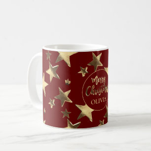 Mug Red Gold Stars Motif Ajouter un nom Joyeux Noël