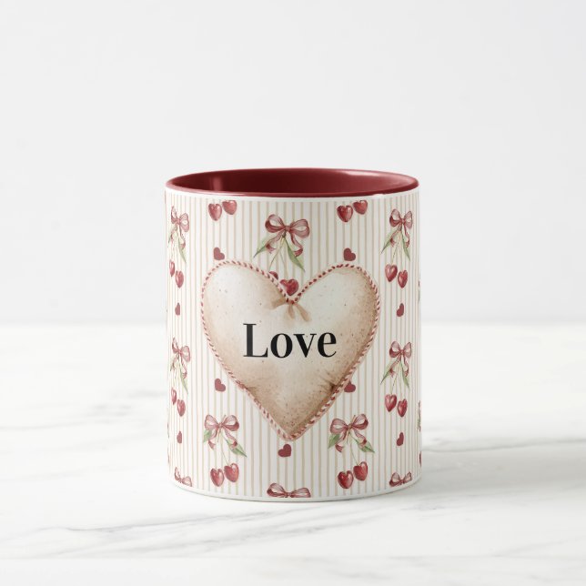 Mug Red Hearts Stripes Cherries Bows Valentine's Day (Centre)