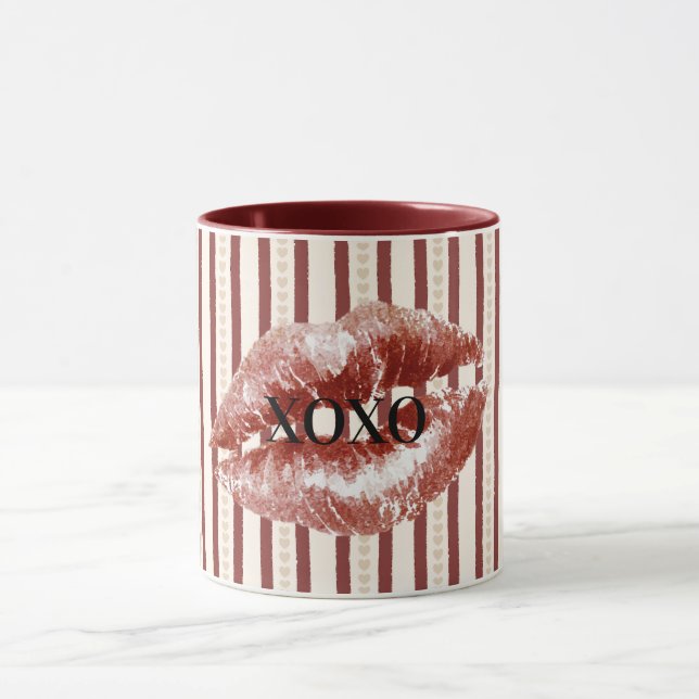 Mug Red Hearts Stripes XOXO Kiss Lips (Centre)