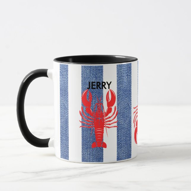 Mug Red Lobster sur rayures de denim bleues et blanche (Gauche)