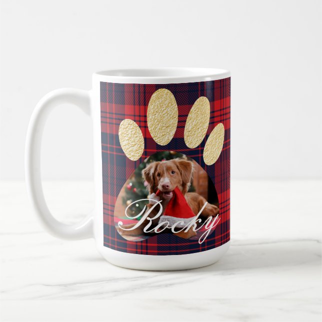 Mug Red Plaid & Gold Pet Empreinte de patte Photo & Sn (Gauche)