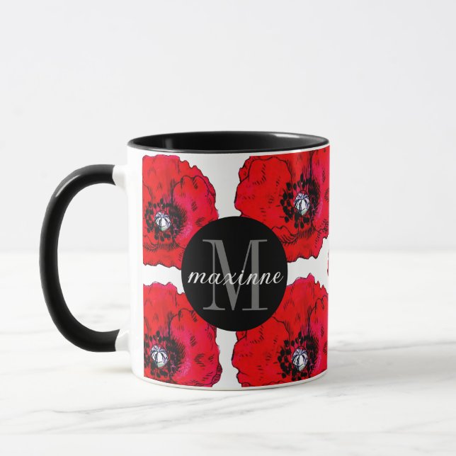 Mug Red Poppies Ajouter votre nom et initial (Gauche)