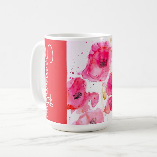 Mug Red Poppy Flower Watercolor Womans Name (Devant gauche)