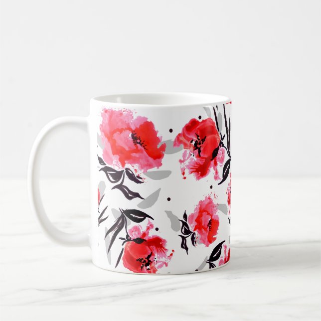 Mug Red Poppy sur un arrière - plan blanc à rayures gr (Gauche)