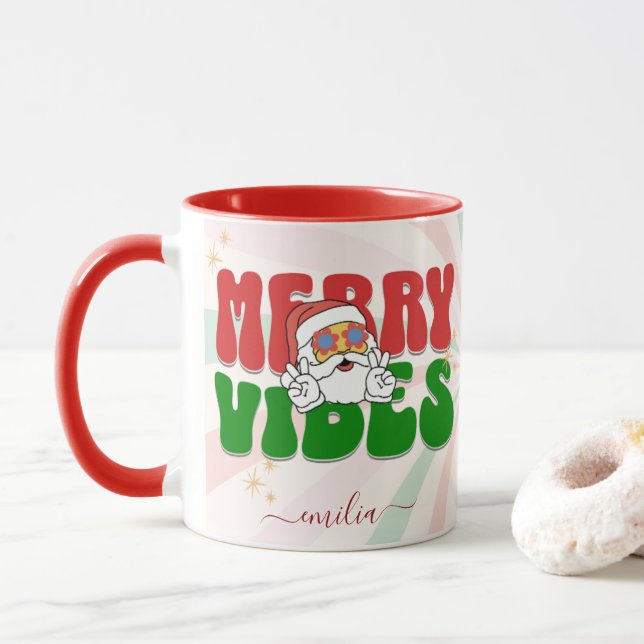 Mug Red Retro les années 70 Theme Merry Vibes Nom pers (Avec donut)