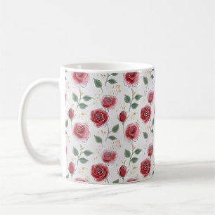 Mug Red Roses Floral Line Motif