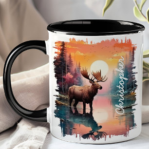 Mug Réflexion d'un orignal au lac au coucher du soleil
