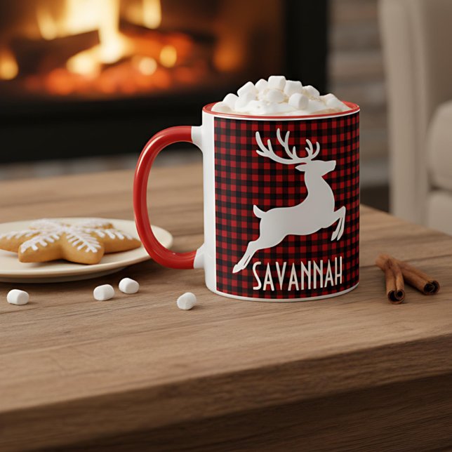 Mug Reinder de Noël Rouge et Noir Plaid Nom personnali (Créateur téléchargé)