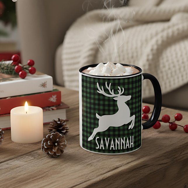 Mug Reinder de Noël Vert & Noir Plaid Nom personnalisé (Créateur téléchargé)