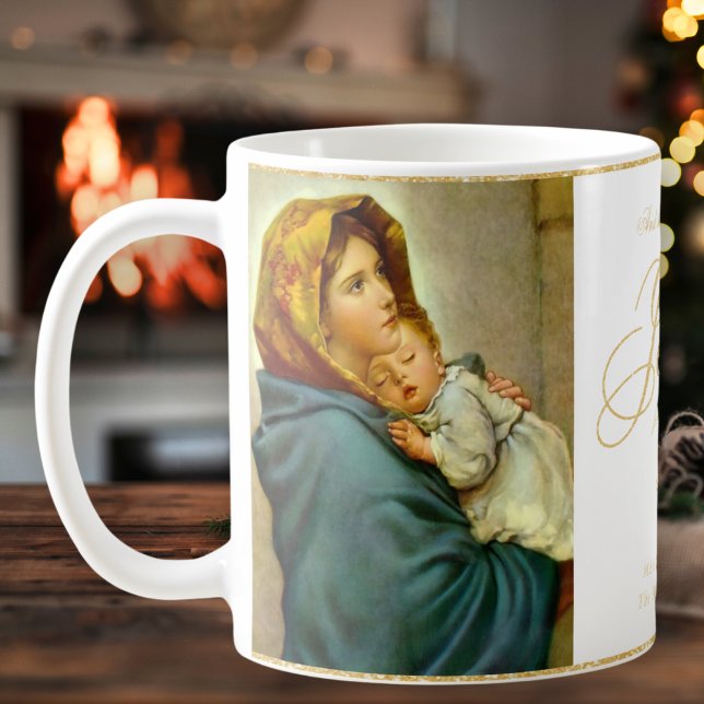 Mug Religieux Madonna & Enfant Catholique Cadeau de No (Madonna & Child religious Bible Verse Christmas gift for Christians and Catholics in white & gold)