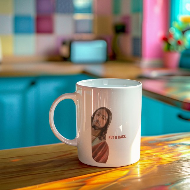 Mug Remettez-Le Drôle Jésus Sur arrière - plan Blanc (Créateur téléchargé)