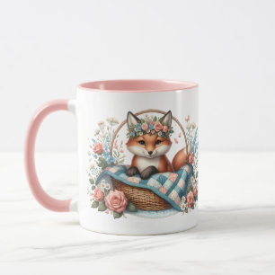 Mug Renard floral en panier avec courtepointe et fleur