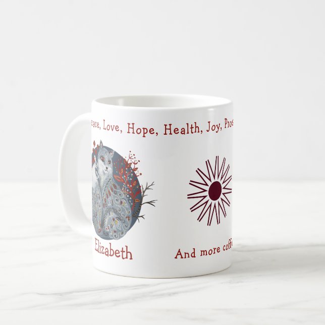 Mug Renard polaire bleu cool, fond floral. Belle (Devant gauche)