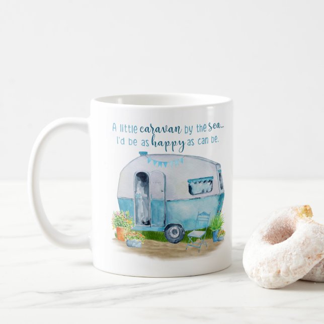 Mug Rétro caravane vintage bleue mignonne de campeur (Avec donut)