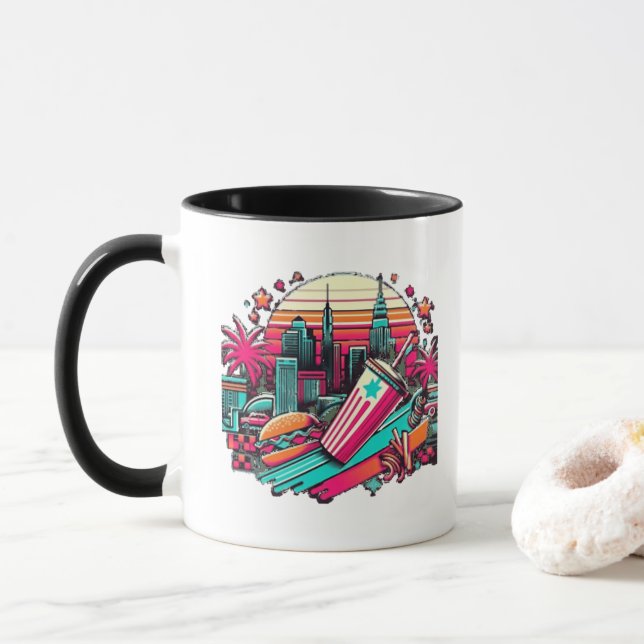 Mug Retro Neon Cityscape avec Vibes de restauration ra (Avec donut)