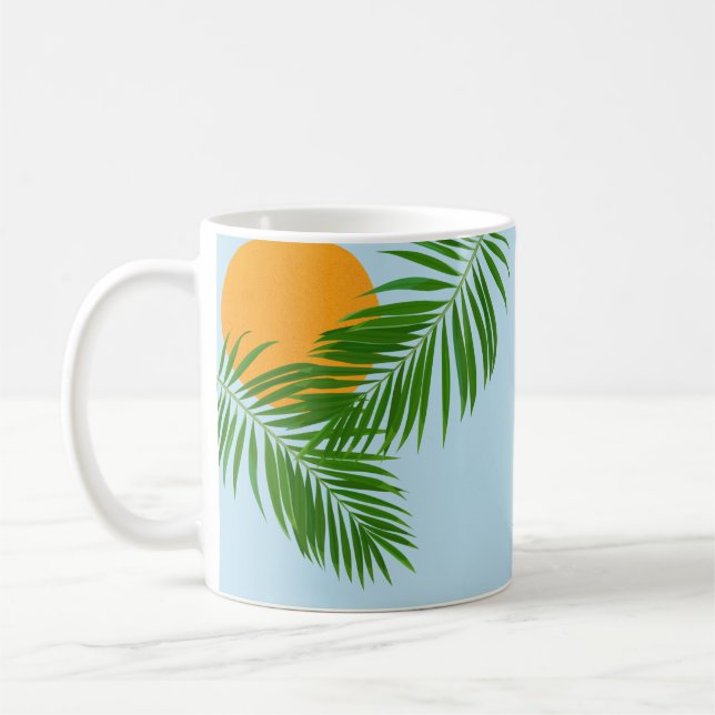 Mug Retro Tropical Sun Palm Feuille Blue Minimal Nom (Gauche)
