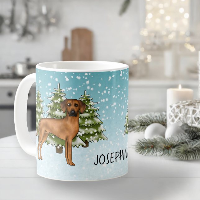 Mug Rhodesian Ridgeback Avec Nom Snowy Winter Forest (Please note: This image is a digital mockup. The product may not be in scale.)