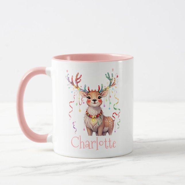 Mug Rindeer rose corail et lumières festives de Noël (Gauche)