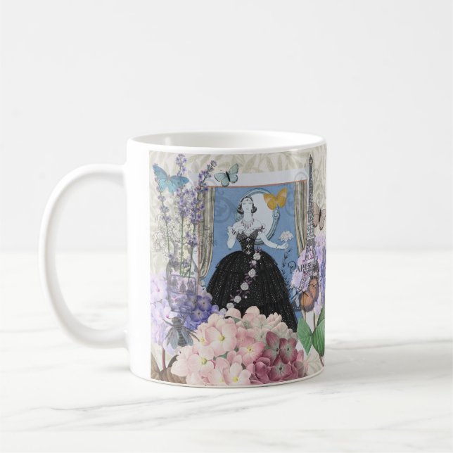 Mug Robe élégante bleue pour femme, florale et fantais (Gauche)