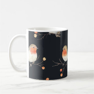 Mug Robins, baies de rowan, motif d'aquarelle d'hiver.