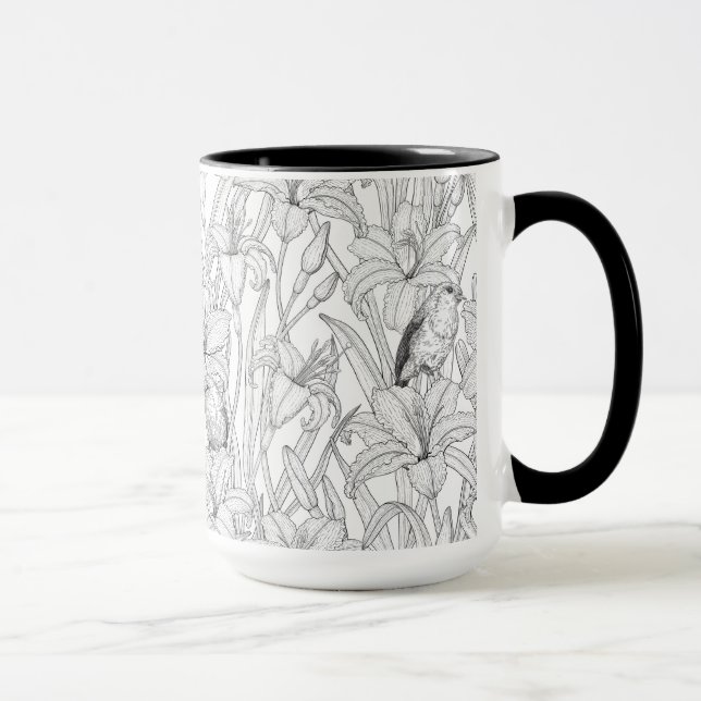 Mug Robins et fleurs de lys, noir et blanc (Droite)