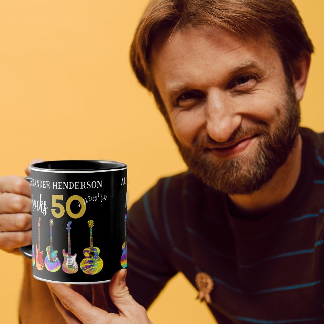 Mug Rock and Roll 50th Birthday Guitars (Rock and roll personalized rocks 50 funky psychedelic guitars coffee mug for him)