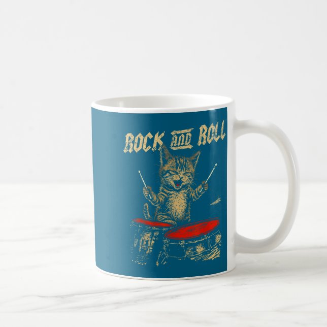 Mug Rock And Roll Funny Cat Playing Drum For Men Women (Droite)