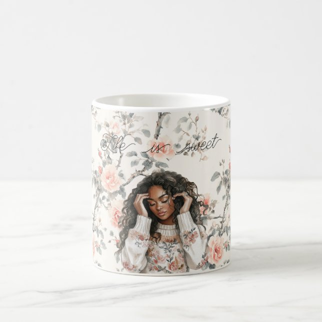 Mug Romantic Black Lady Peach Roses Floral (Centre)