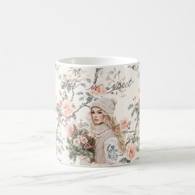 Mug Romantic Blond Hair Lady Peach Roses Floral (Centre)