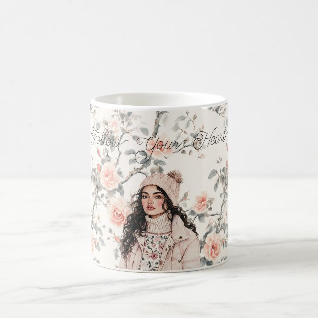 Mug Romantic Brown Hair Girl in Hat Peach Roses Floral (Centre)