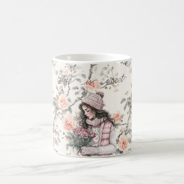 Mug Romantic Brown Hair Girl Peach Roses Floral (Centre)