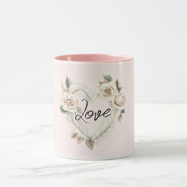 Mug Romantic Cream Blush Roses Feathers Floral Heart (Centre)