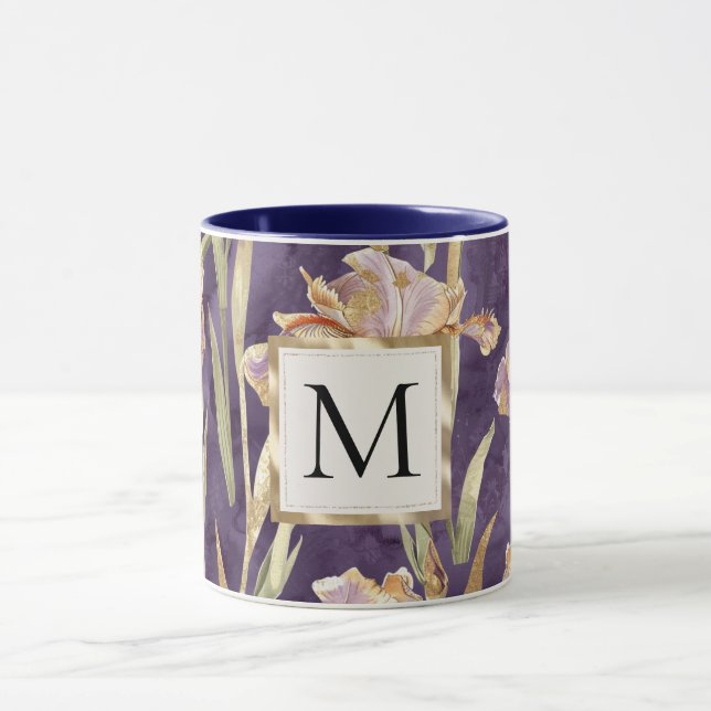 Mug Romantic Purple Iris Floral Gold monogram (Centre)