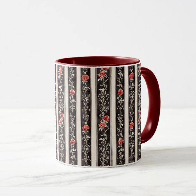 Mug Romantic Red Roses Floral Cream Black Stripes (Devant droit)