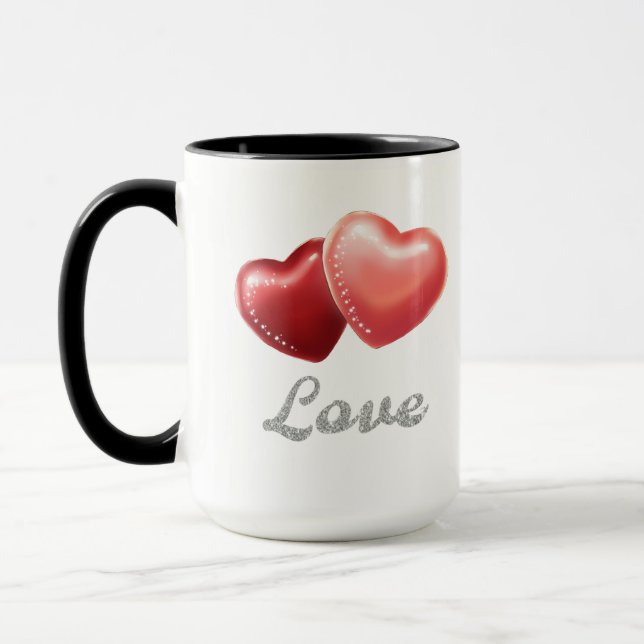 Mug Romantic Sparkling Red Hearts "Love" Glitter Desig (Gauche)