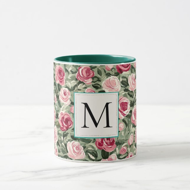 Mug Romantic Teal Green Pink Roses Floral Monogram (Centre)