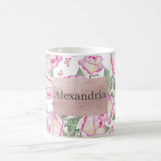 Mug Romantique blanc rose jaune d'été rose floral (Centre)