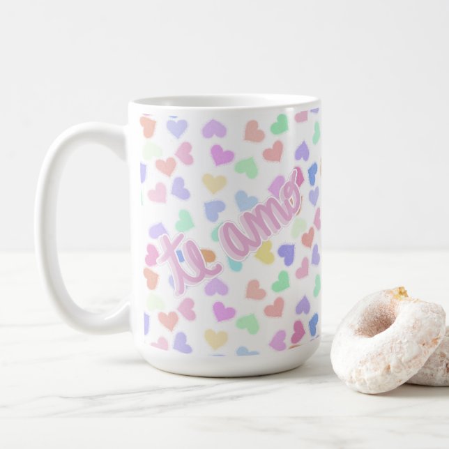 Mug Romantique écrit à la main Te Amo Pastel Heart Con (Avec donut)